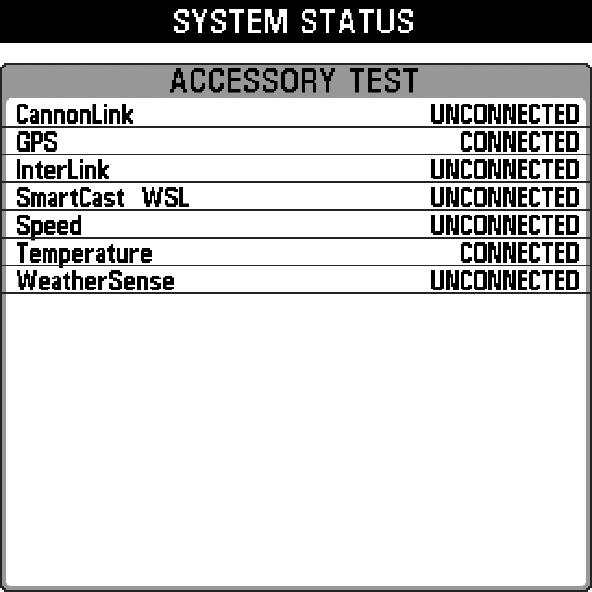 Accessory Test lists the accessories connected to the system.