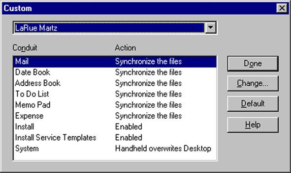 Customizing the HotSync Operation For each application, you can define a set of options that determines how records are handled during the HotSync operation. These options are called a conduit.