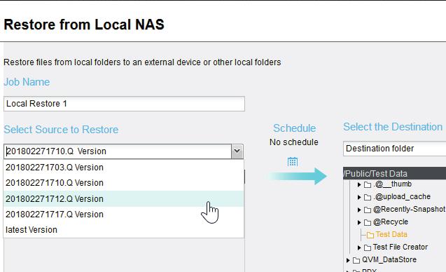 Select the option Local NAS and select the source Backup Jobs. The backup jobs are displayed. Choose the backup job you want to restore. Click Next.
