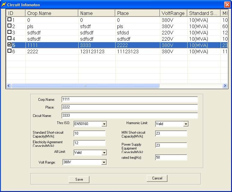 Fig. 7.2.3 Go to menu File Input circuit info select ID number Click Modify, you will see the different setting for standards in the screen below: Fig. 7.2.4 Thrs ISO means threshold standard for different countries for comparison of harmonics.
