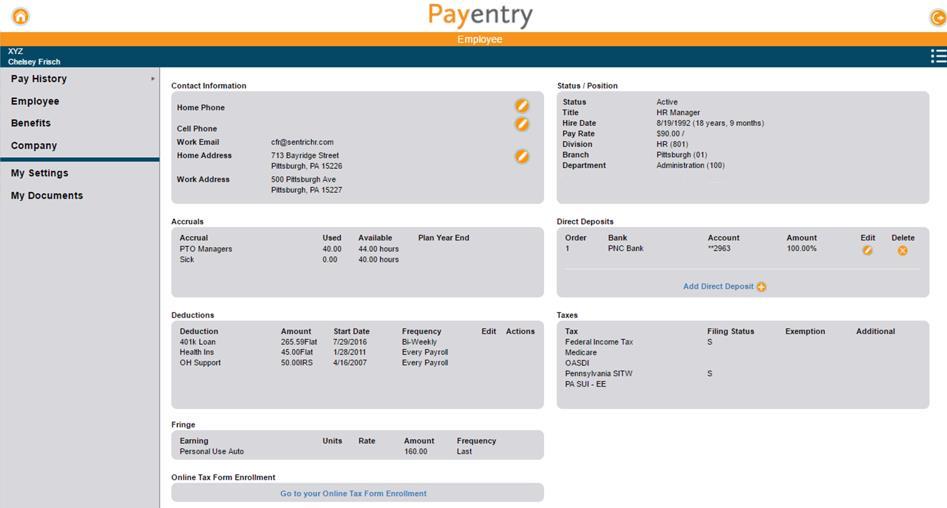 Use the Employee Screen The Employee Screen in Payentry ESS displays employee information, such as your phone number, address, deductions and taxes.