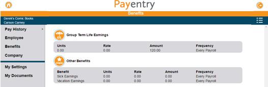 Review the Benefits Screen The Benefits screen lists any benefits including the units, rate, and amount. In the image above, the employee has three benefits configured to display on this screen.