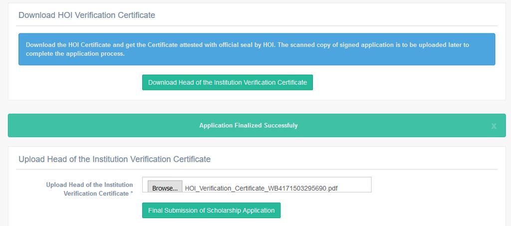 Step 12: After finalization, a page will be appeared for uploading the Verification Certificate of Head of Institution.