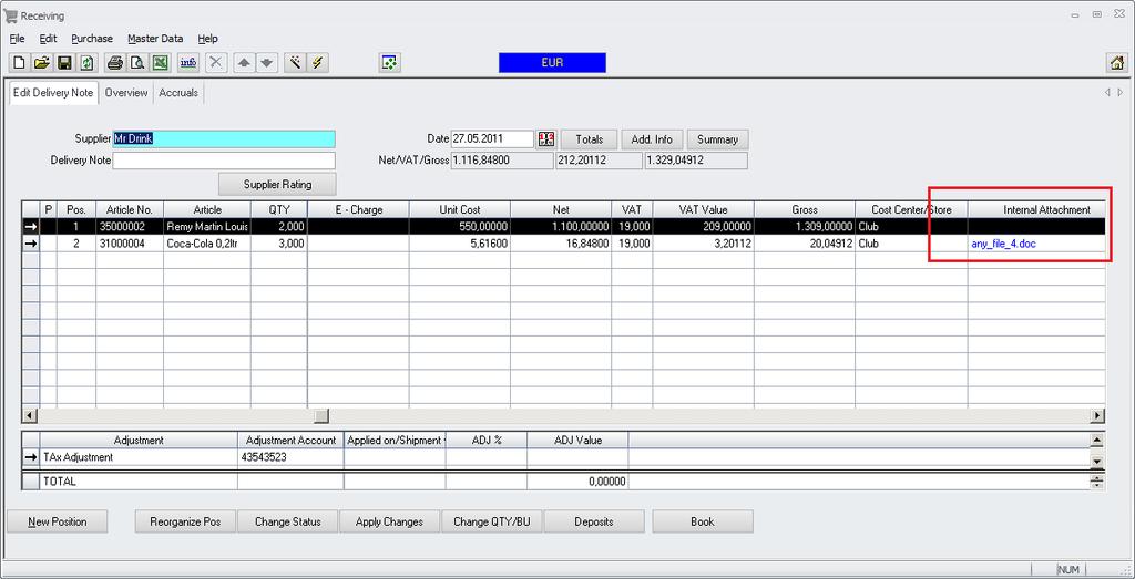 Receiving: In the Receiving module the user can view the documents per 