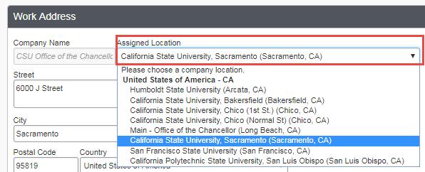 Company Information and Addresses View your company information and input your work and home addresses. You must select the Assigned Location for your Campus University from the drop down menu.