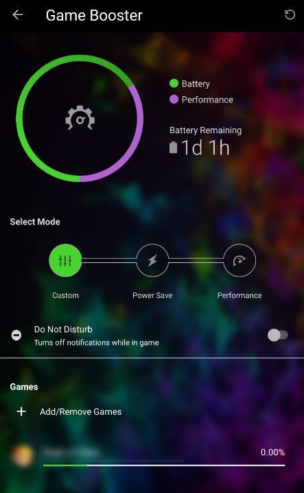 Game Booster Fine tune your gaming experience by selecting the gaming mode best suited to your phone s current battery level or by customizing each of your favorite game s access to your phone s