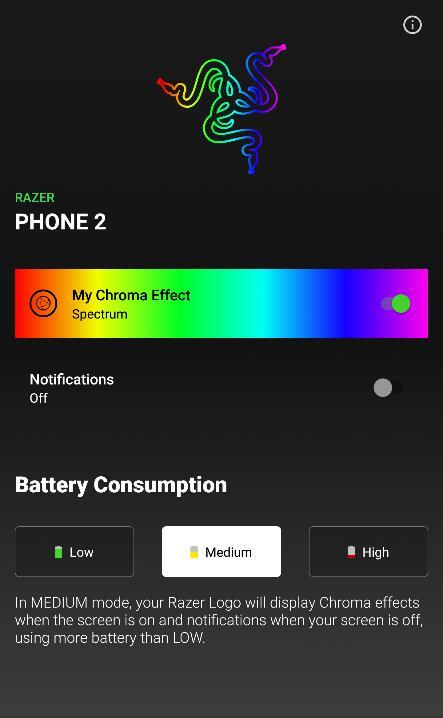 RAZER PHONE 2 Upon launching the app, the Chroma Configurator app will open the Razer Phone 2 default page. From here you ll be able to do the following: My Chroma Effect.