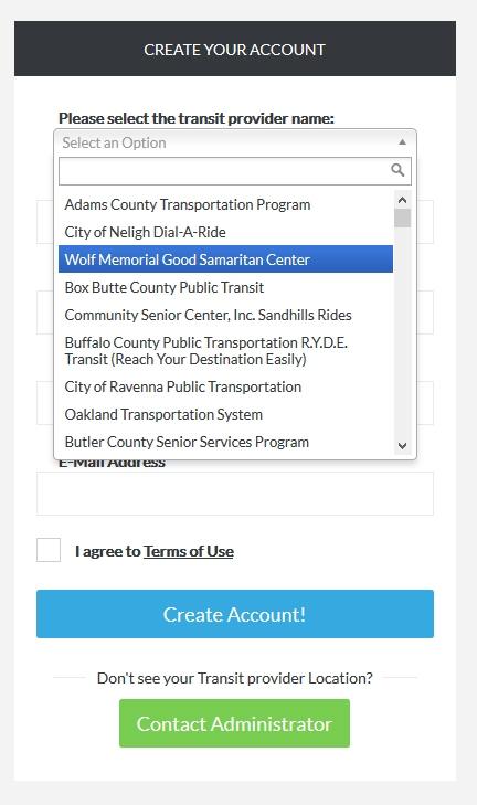 Step 3: Create a New User Account Select your Transit Provider Name from the dropdown menu.