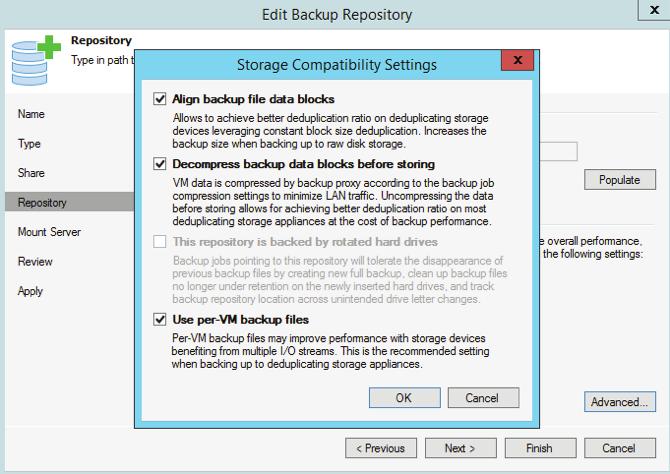 5. Click the advanced tab in the repository stage. See Figure 9. 5.1. Check Align backup file data block 5.2. Check Decompress backup data blocks 5.3. Check Use per VM Backup Files 5.3.1. To create per-vm backup files, you must enable the Use per-vm backup files option at the level of the backup repository.