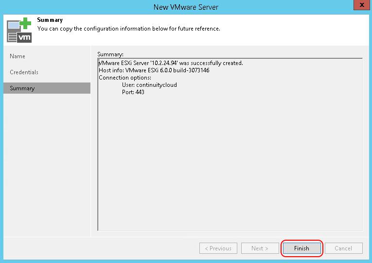 15. Review the Summary to confirm that the VMware server was successfully created; then, click Finish.