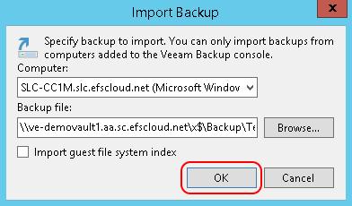 6. Browse to the location of the backup job you wish to import.