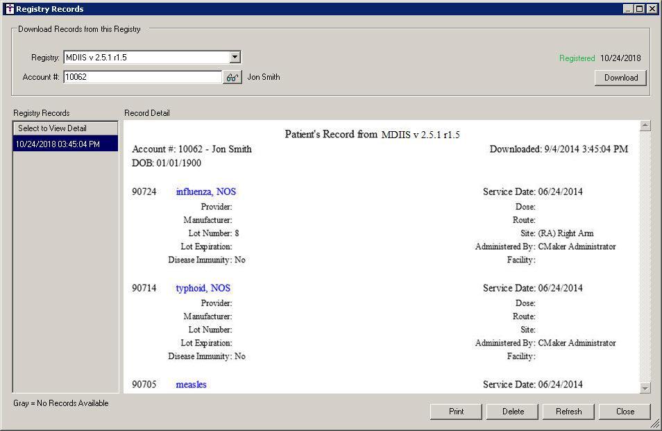 View MD ImmuNet Registry Records for a Patient The Registry Records dialog allows you to download and view registry records for a patient.