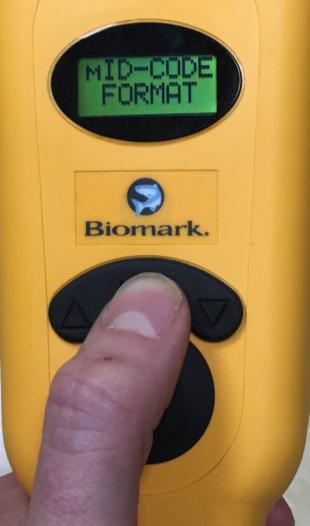 Press 'Menu' on Biomark 601 Pit Tag reader until you get to Mid-Code Format and then press the DOWN arrow.