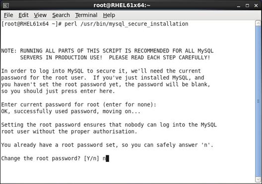 Enter the root user password to set security options, such as setting a root user password, removing anonymous users,