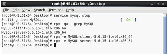 6 Uninstallation IMC with a local database 1. Stop the MySQL service. service mysql stop 2. Uninstall the MySQL database. rpm e MySQL-client-5.6.15-1.el6.