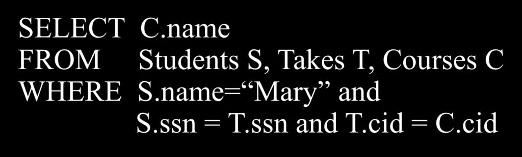 Queries Find all courses that Mary takes SELECT C.name FROM Students S, Takes T, Courses C WHERE S.name= Mary and S.