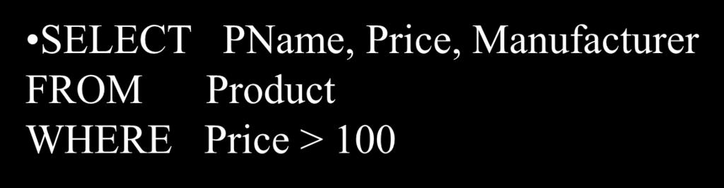 A Notation for SQL Queries Input Schema SELECT PName, Price, Manufacturer FROM Product WHERE Price