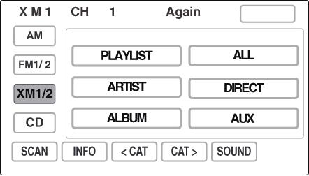 Example B: In the above examples, the preset buttons are programmed to the function of accessing Playlist folder, Artist folder, All Songs folder, Album folder, AUX INPUT and DIRECT Mode respectively.