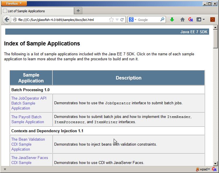 Java EE 7 Samples file:///c:/<javaee7-sdk>/samples/docs/list.