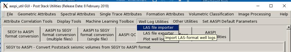 Overview The well log modules in AASPI allow you to: import LAS format *.las files and convert them to *.H AASPI format, display the curves, and export AASPI-format *.H files as LAS-format *.