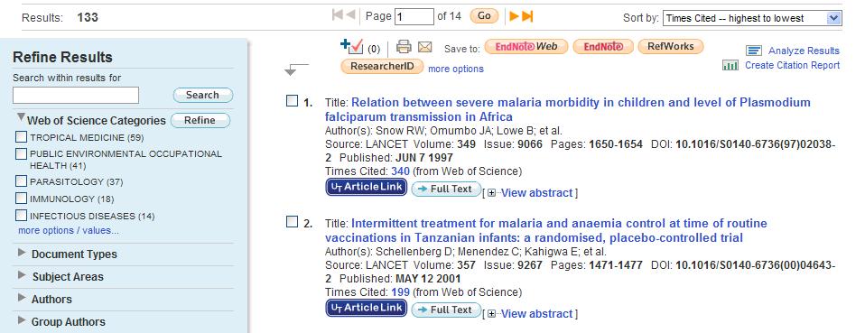 2 Searching for articles on a subject 2 Web of Science 3 Let's try searching for "infant malaria control." Web of Science http://www.webofknowledge.com/wos Campus https://gateway.itc.u-tokyo.ac.