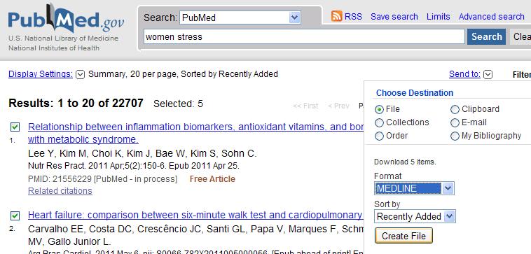 4 Let s import data from PubMed. (1) From the PubMed search results, select items to save by clicking in the checkbox to the left of the article title.