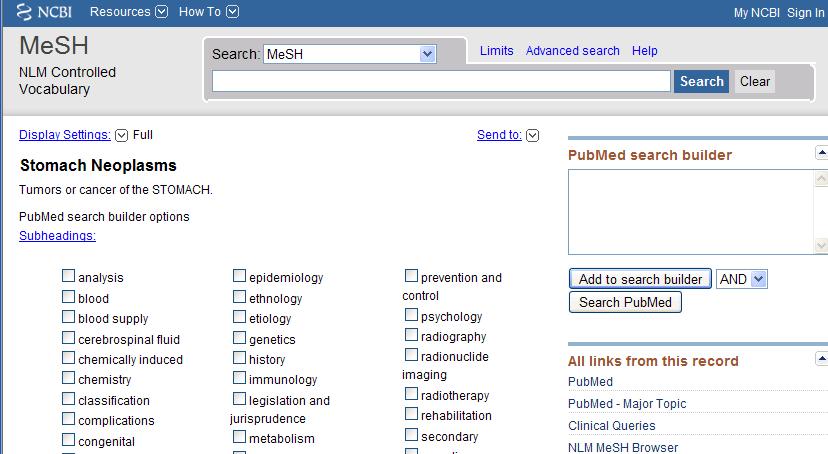 A more advanced MeSH search: using thesaurus terms 1 Select "MeSH" from the search functions in the "Search" pull-down menu of the main screen. 2 Enter keywords, and click Search.