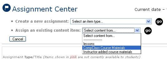 10 The Assignment Center CompClass offers a wealth of activities, quizzes, and readings you can access to shape your course. You can also create assignments using your own content.