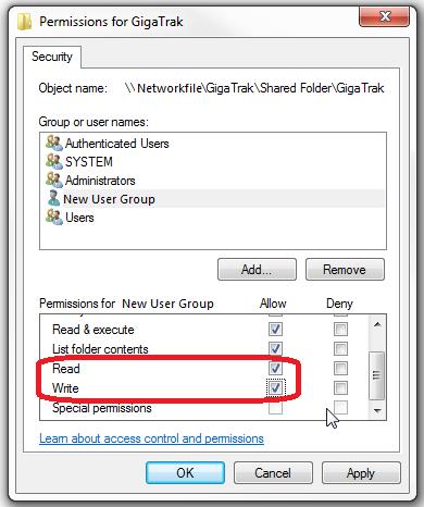 6. For each user and user group added, highlight the added user or user group in the Group or user names.