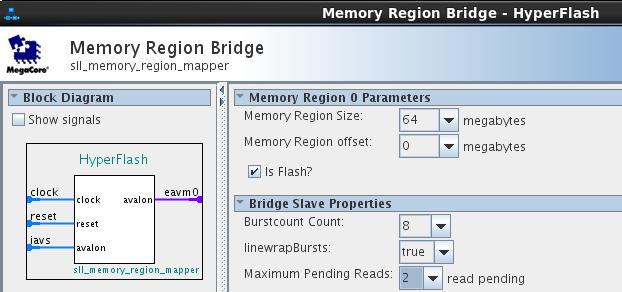 4.4.2 Adding HyperFlash Memory Region bridge Open S/Labs Memory region bridge located in the IP catalog library In the Memory Region 0 Parameters set the Memory region Size to 64 megabytes (Size of