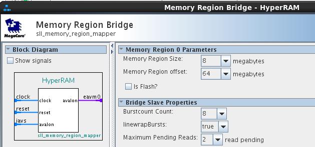 4.4.3 Adding HyperRAM Region bridge Open S/Labs Memory region bridge located in the IP catalog library In the Memory Region 0 Parameters set the Memory region Size to 8 megabytes (Size of the
