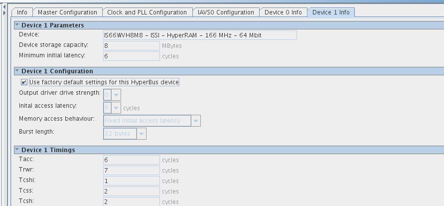 The Device1 Info Tab The table below will show the parameters, configuration and timing for the HyperRAM memory.