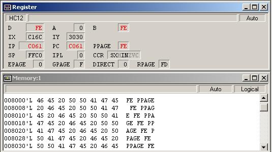 The PPAGE register is set to FE and the P-Flash Window shown in the Memory window displays the contents of PPAGE FE. Figure 3-19.