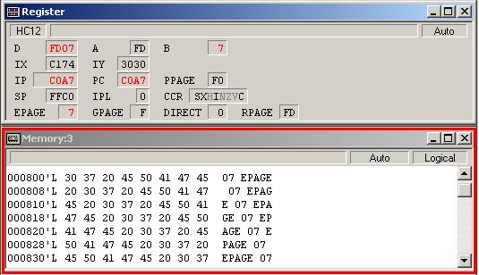 14. The Memory:3 window in the debugger environment is configured to show the first few locations of the Emulated EEPROM window at address 0x1000.