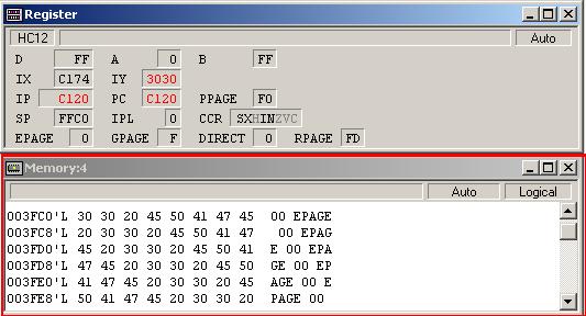 20. Press the Run button and the second breakpoint is reached, observe that the GPAGE register is set to 7 and the contents in the Memory:4 window are RPAGE FD data.