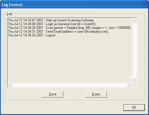 3.2.11 Log Control 3.2.11 Log Control Instant Scanning Software keeps user s actions such as logging in, logging out, scanning, etc. in a log.