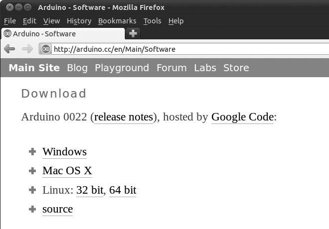 Figure 1-23: The IDE download page in Ubuntu Firefox 2.