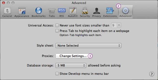 Safari (Mac OS) 1. Open Safari. Go to Preferences (1). 2. In the Advanced tab (2) click on the Change Settings button (3) next to Proxies. 3.