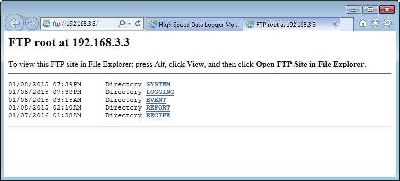Precautions File list (FTP) The high speed data logger module files are displayed in text format. Some functions cannot be used when files are displayed in text format.