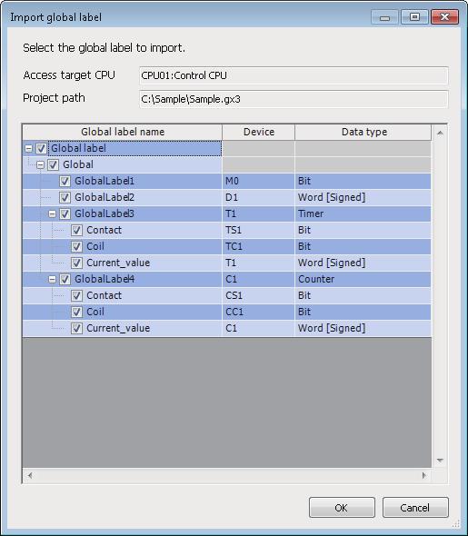 "Global label/common device comment import setting" screen 2 Displayed items Item Use global label/common device comment Import source [Edit] button [OK] button Description "Import global label"