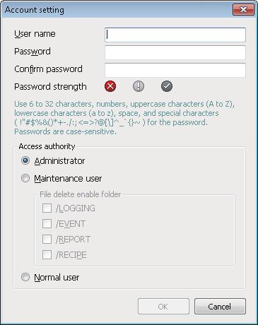 Account setting Set detailed settings for the account for authentication to be used when accessing a high speed data logger module. Window Click the [Edit] button on the "Security setting" screen.