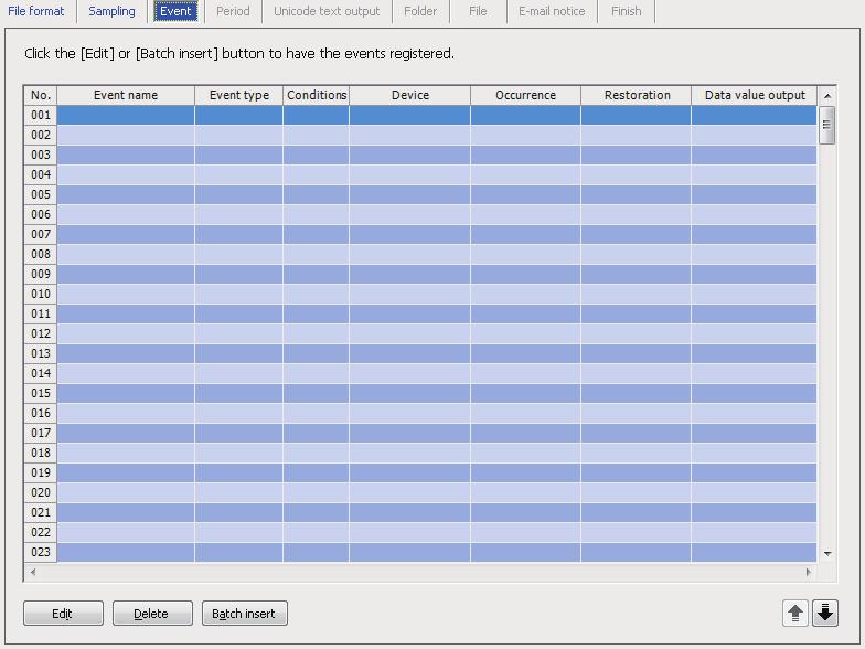 Event Set the information to be output to the event logging file against event occurrence conditions, or at the time of event occurrence and restoration.