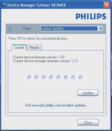 8 Update the firmware through Philips Device Manager» When the device is connected, "SA4MINXX" is displayed on the text box.» of the device. Install Philips Device Manager 1 Connect MINI to a PC.