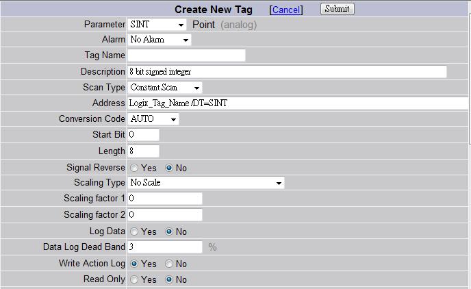 Figure 2.4.3.1 The option /DT= SINT specifies the SINT data type for this WebAccess tag.