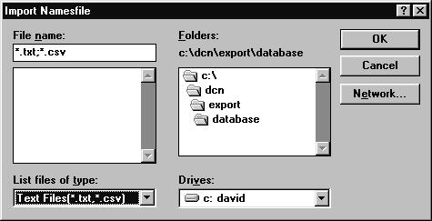 Fig. 7 The Import names file dialogue box This is a standard Windows dialogue box. The dcn\export directory is opened as default. Any file(s) with a.txt or.csv extension are shown.