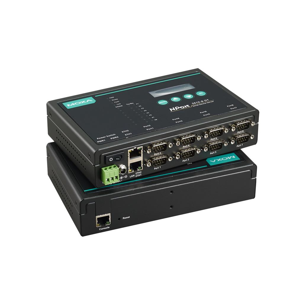 NPort 5600-DT Series 8-port RS-232/422/485 serial device servers Features and Benefits 8 serial ports supporting RS-232/422/485 Compact desktop design 10/100M auto-sensing Ethernet Easy IP address