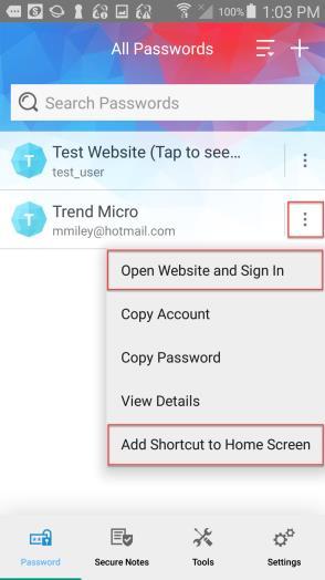 7. Back in the All Passwords screen, Trend Micro has been added to your list of accounts. 8.