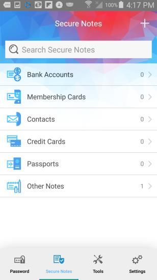 The Secure Notes page appears, with forms for Bank Accounts, Membership Cards, Contacts, Credit Cards, Passports, and Other Notes. 3.