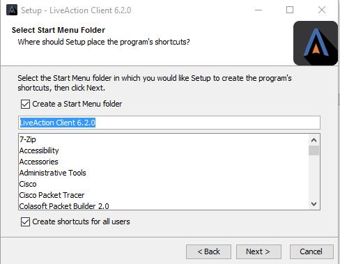 Then select Next. Figure 3: Windows Client Installation Destination Directory Step 4 Setup the Start Menu folder.