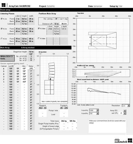 The d&b ArrayCalc calculator Stacked setup sheet be simulated. The Direct sound level vs.